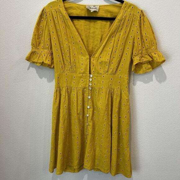 Cleobella Kaia Yellow Eyelet Cotton Mini Summer Dress Medium Boho Casual - Picture 3 of 10